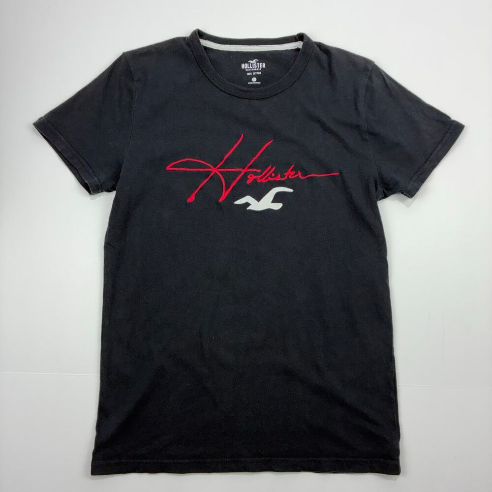Classic Hollister Logo Fitted Tee Shirt XS Black Red Script Y2K Baby Tee